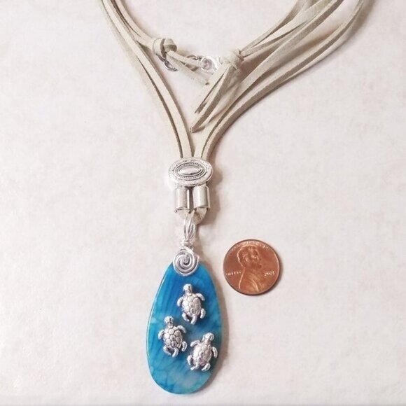 Sexy Beach Sea Turtle Agate + Faux Leather Necklace - 24" ~ Beachy Ocean Boho - Picture 3 of 11